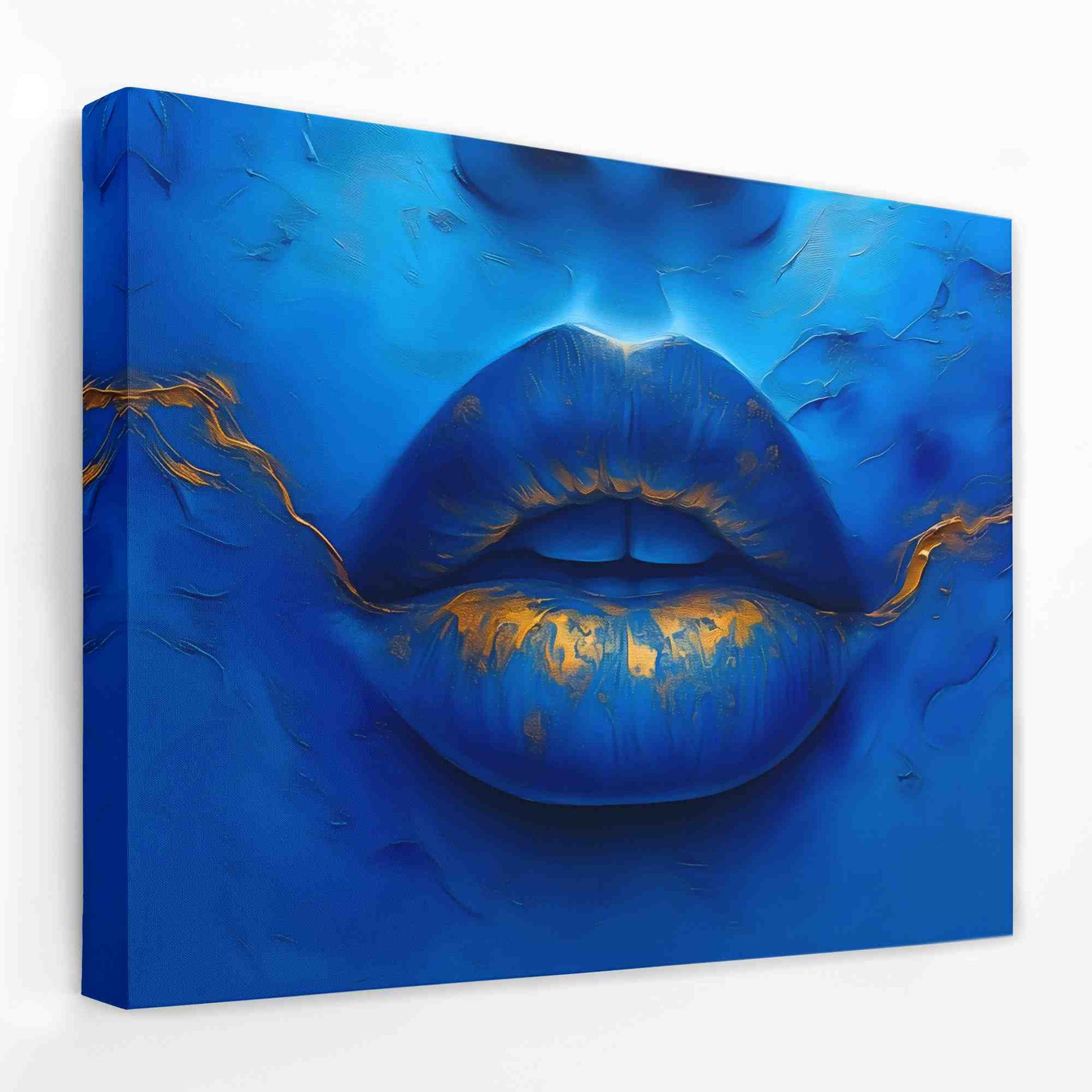 Blue Gold Lips - Female Canvas Wall Art
