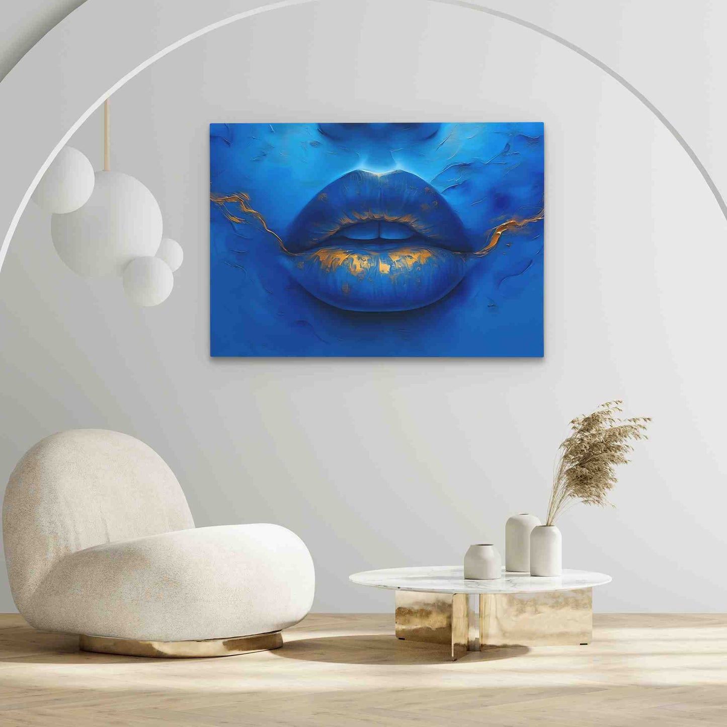 Blue Gold Lips - Blue Horizontal Canvas Print