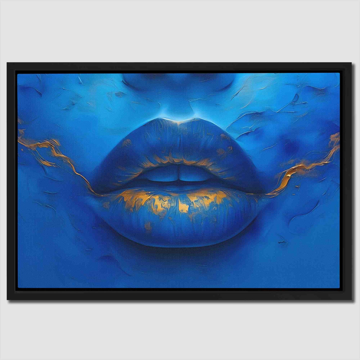 Blue Gold Lips - Wall Art in Black Frame