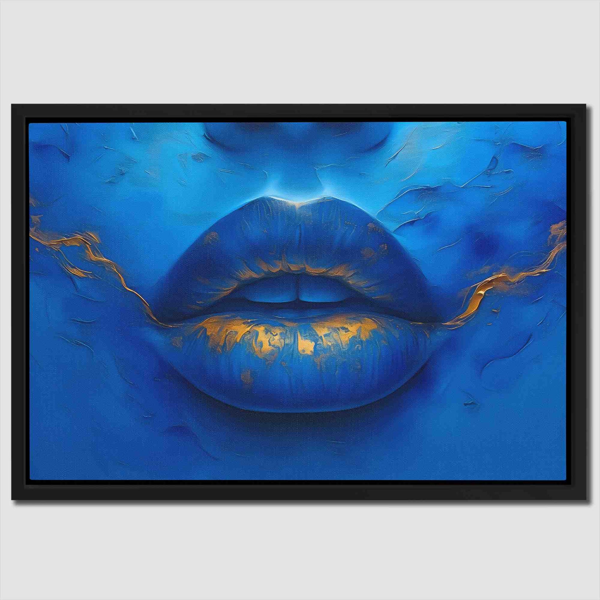 Blue Gold Lips - Wall Art in Black Frame