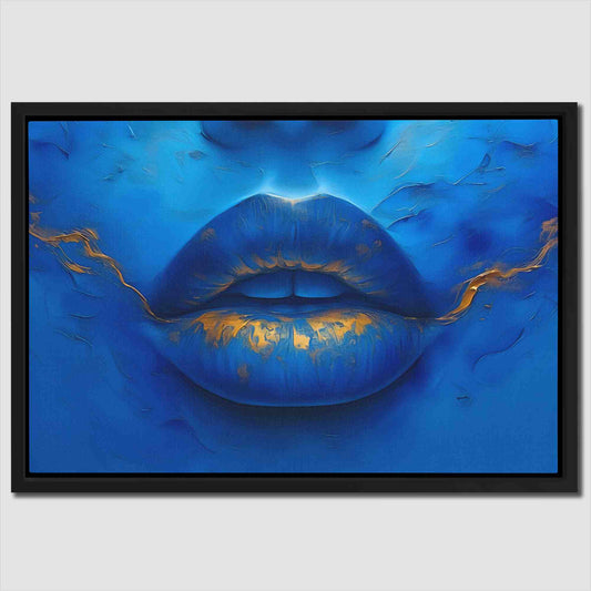 Blue Gold Lips - Wall Art in Black Frame