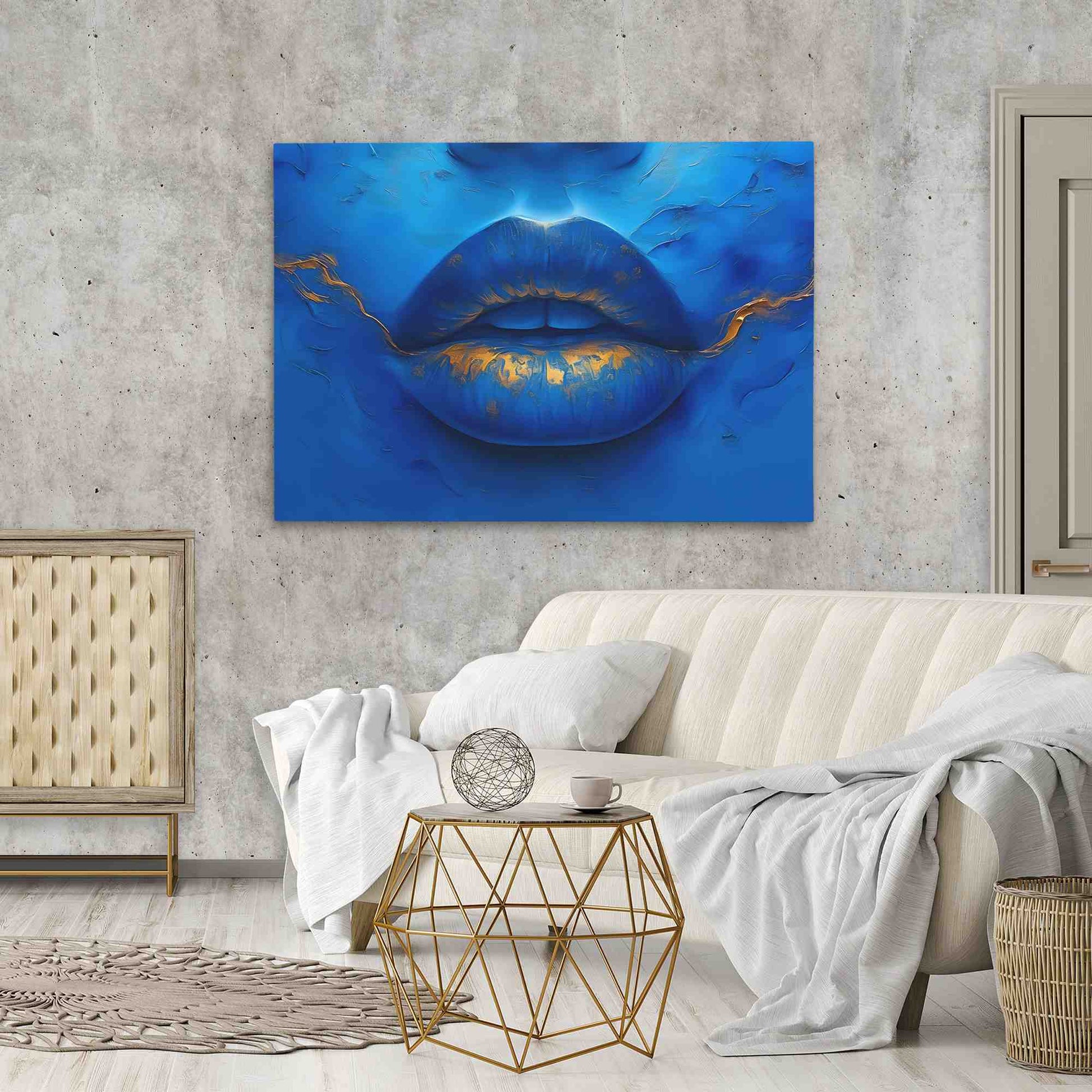 Blue Gold Lips - Blue Canvas Wall Art