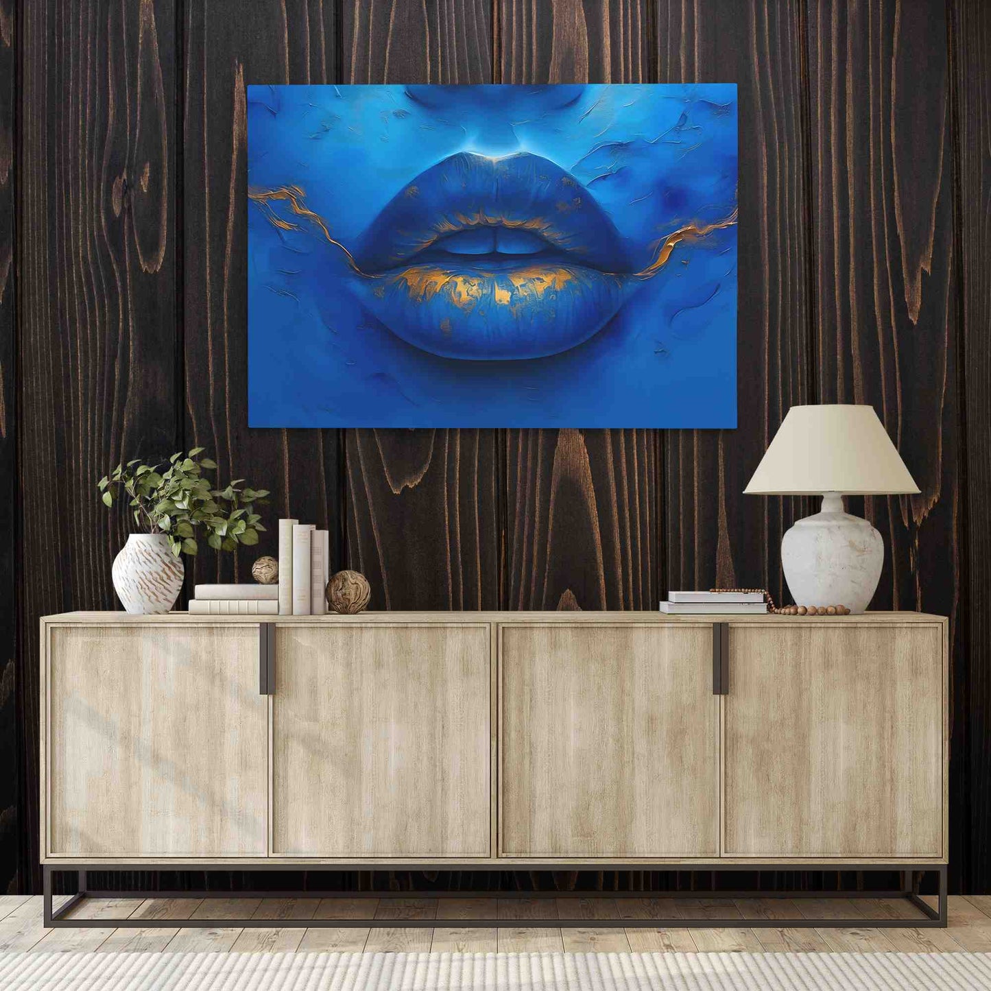 Blue Gold Lips - Blue Wall Art