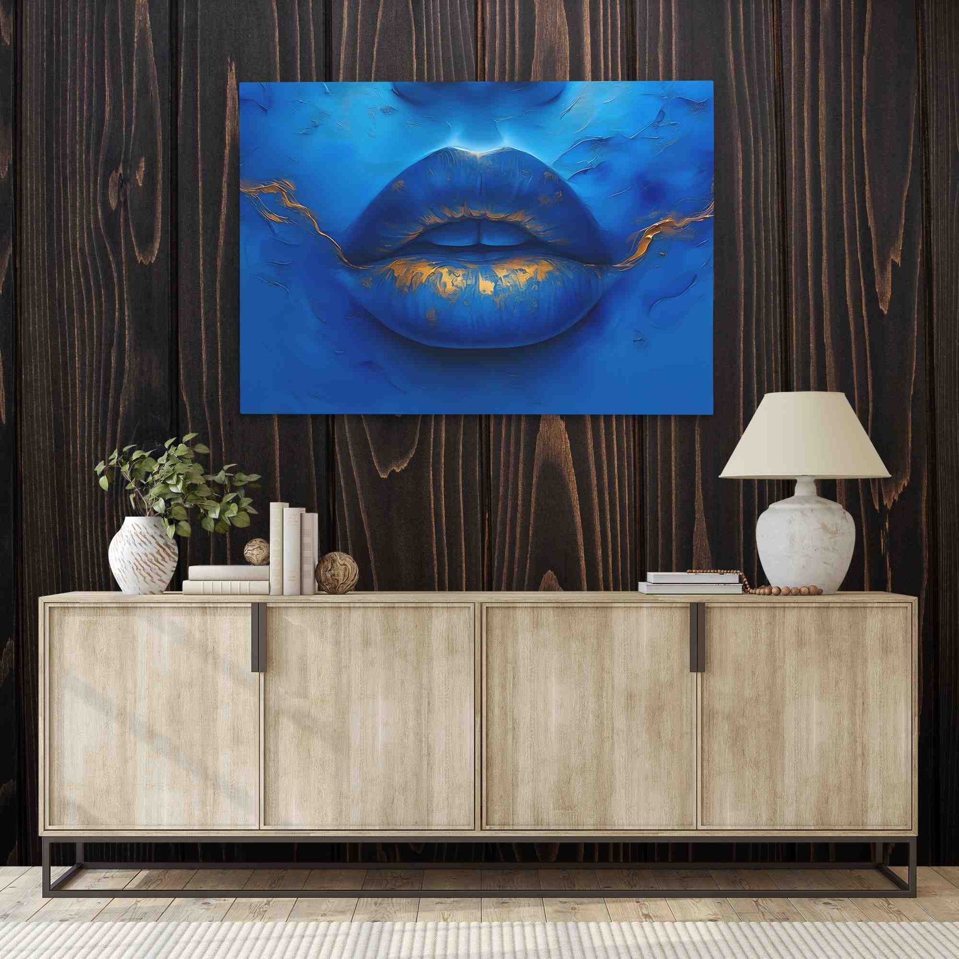 Blue Gold Lips - Blue Wall Art
