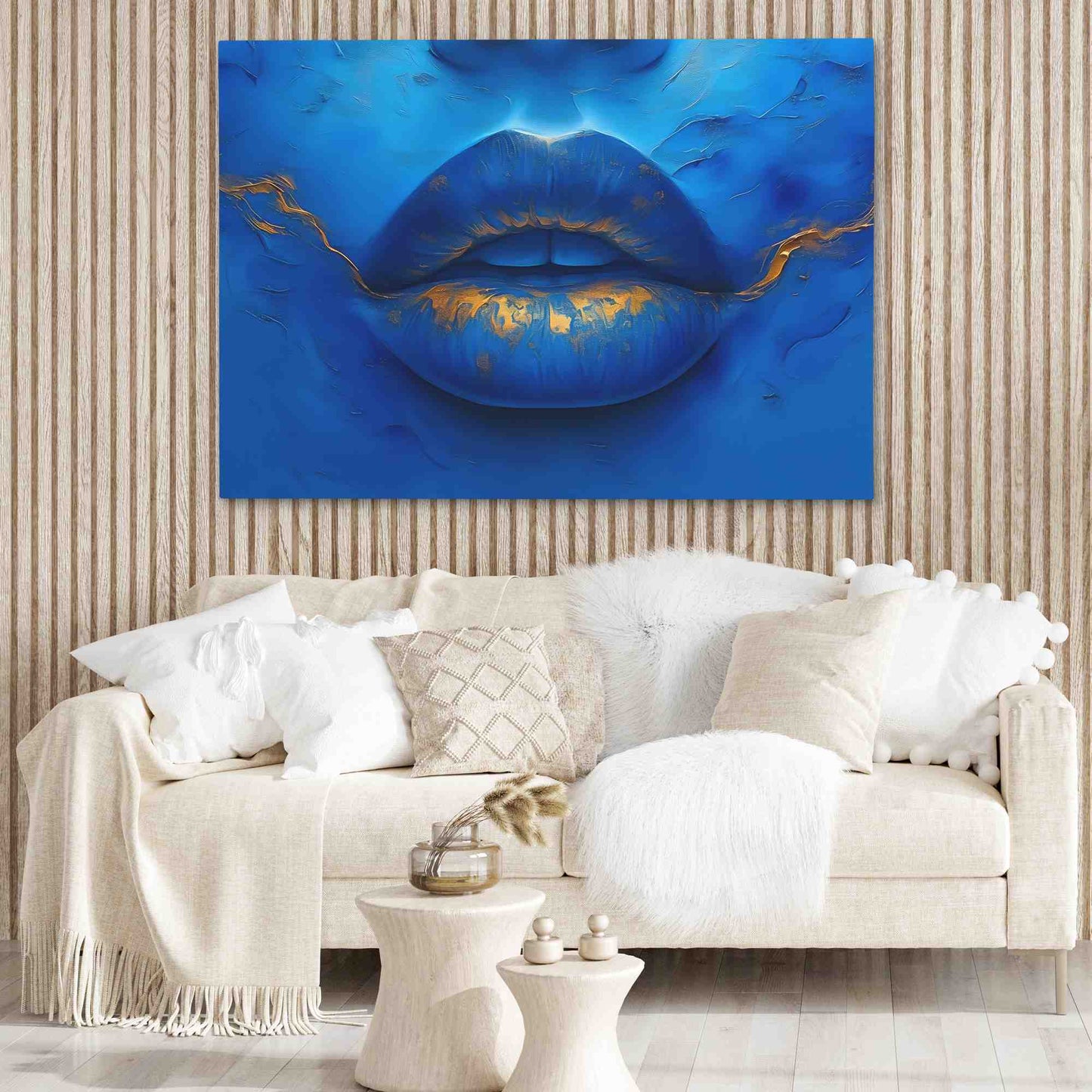 Blue Gold Lips - Horizontal Wall Art in Black Frame