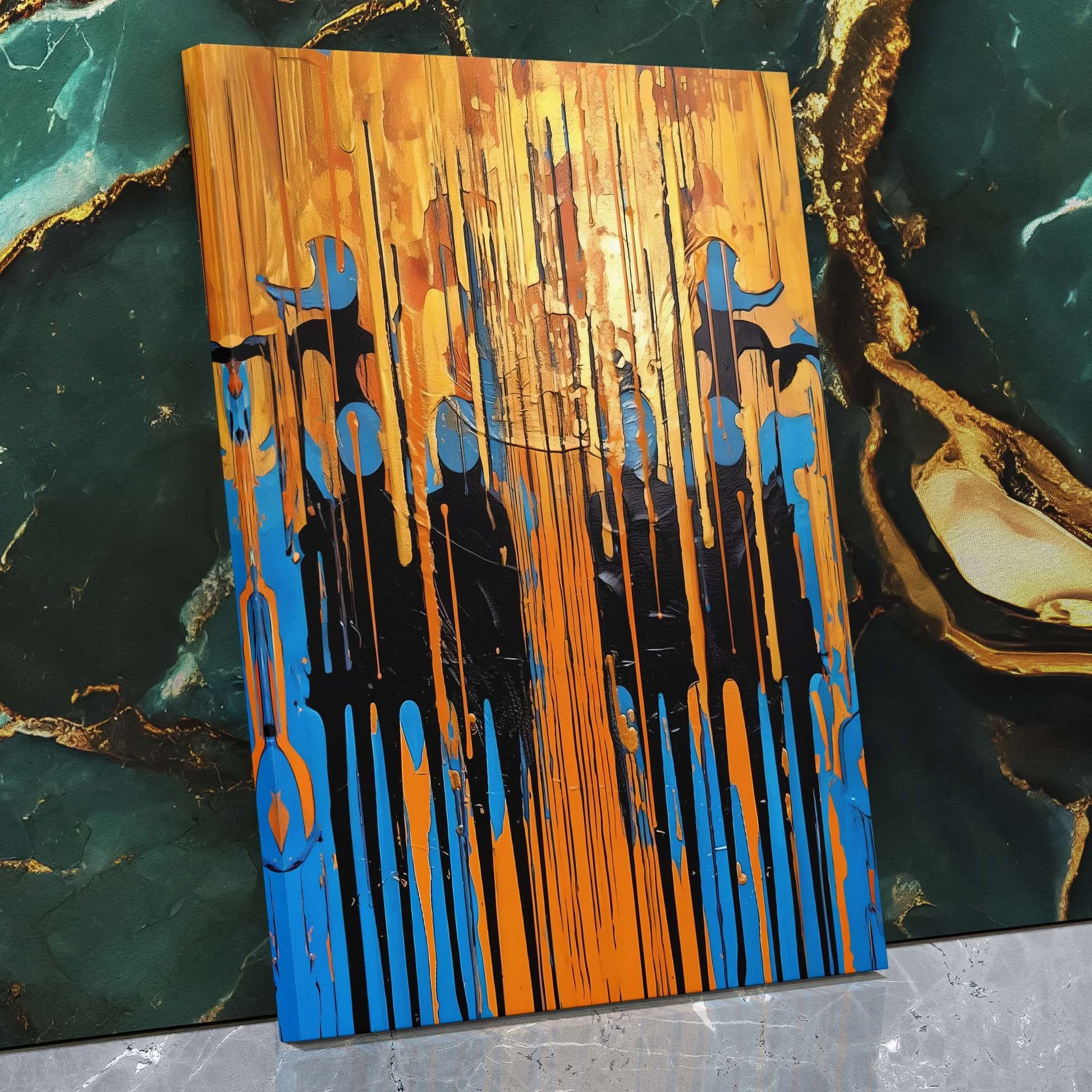 Blue-Gold Symphony - Abstract Wall Art in Black Frame