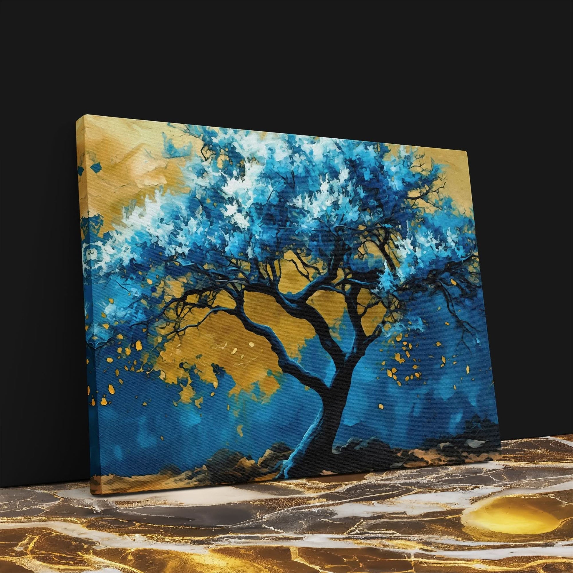 Blue Gold Tree - Nature Wall Art in Black Frame