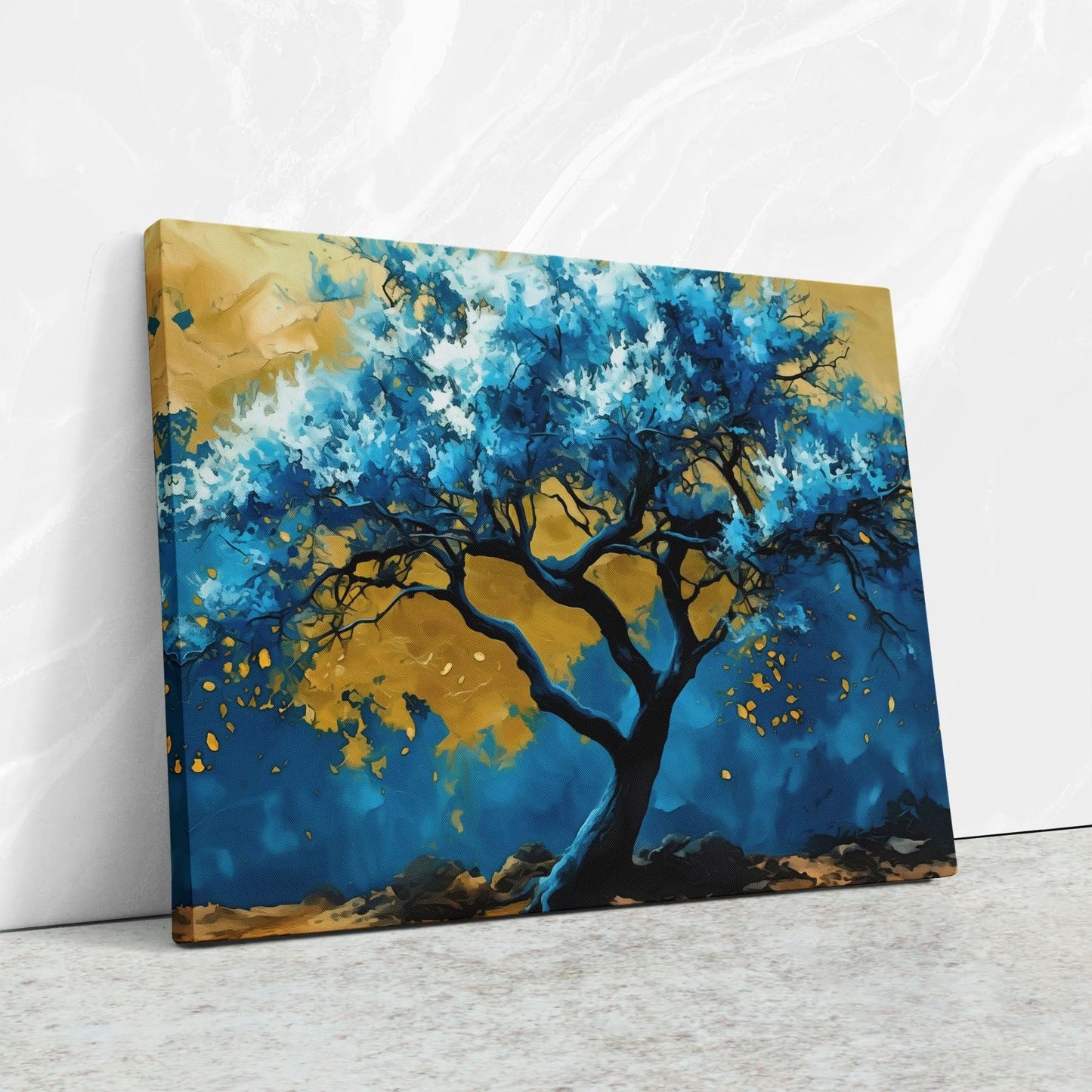 Blue Gold Tree - Blue Wall Art for Bedroom