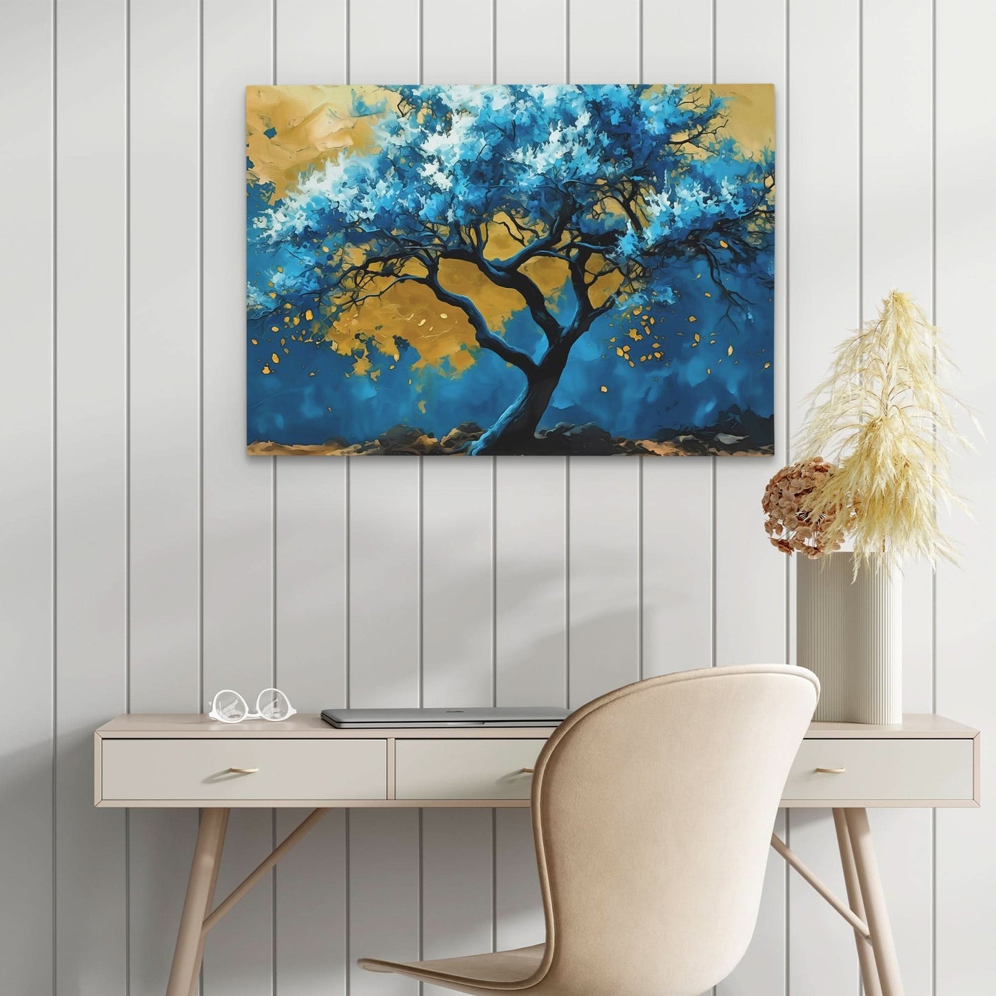 Blue Gold Tree - Watercolor Wall Art in Black Frame