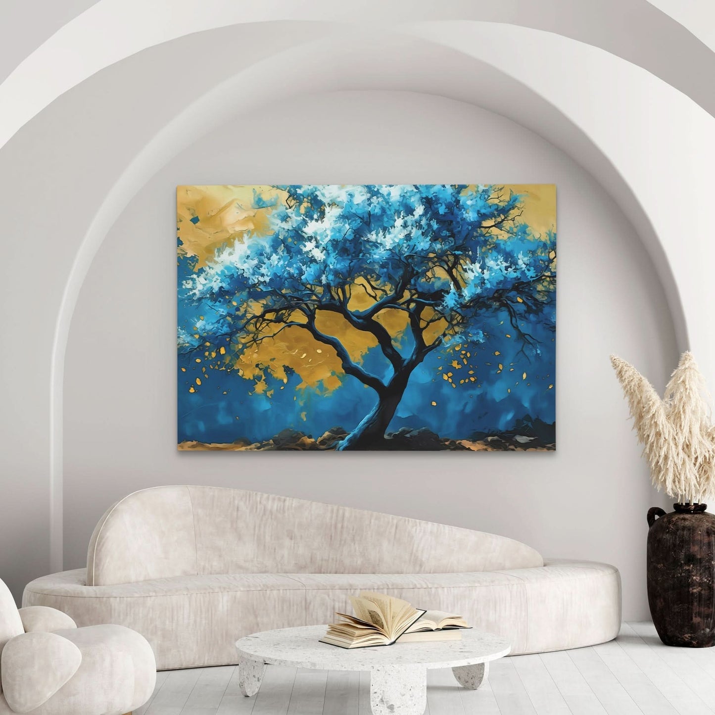 Blue Gold Tree - Watercolor Blue Canvas Wall Art
