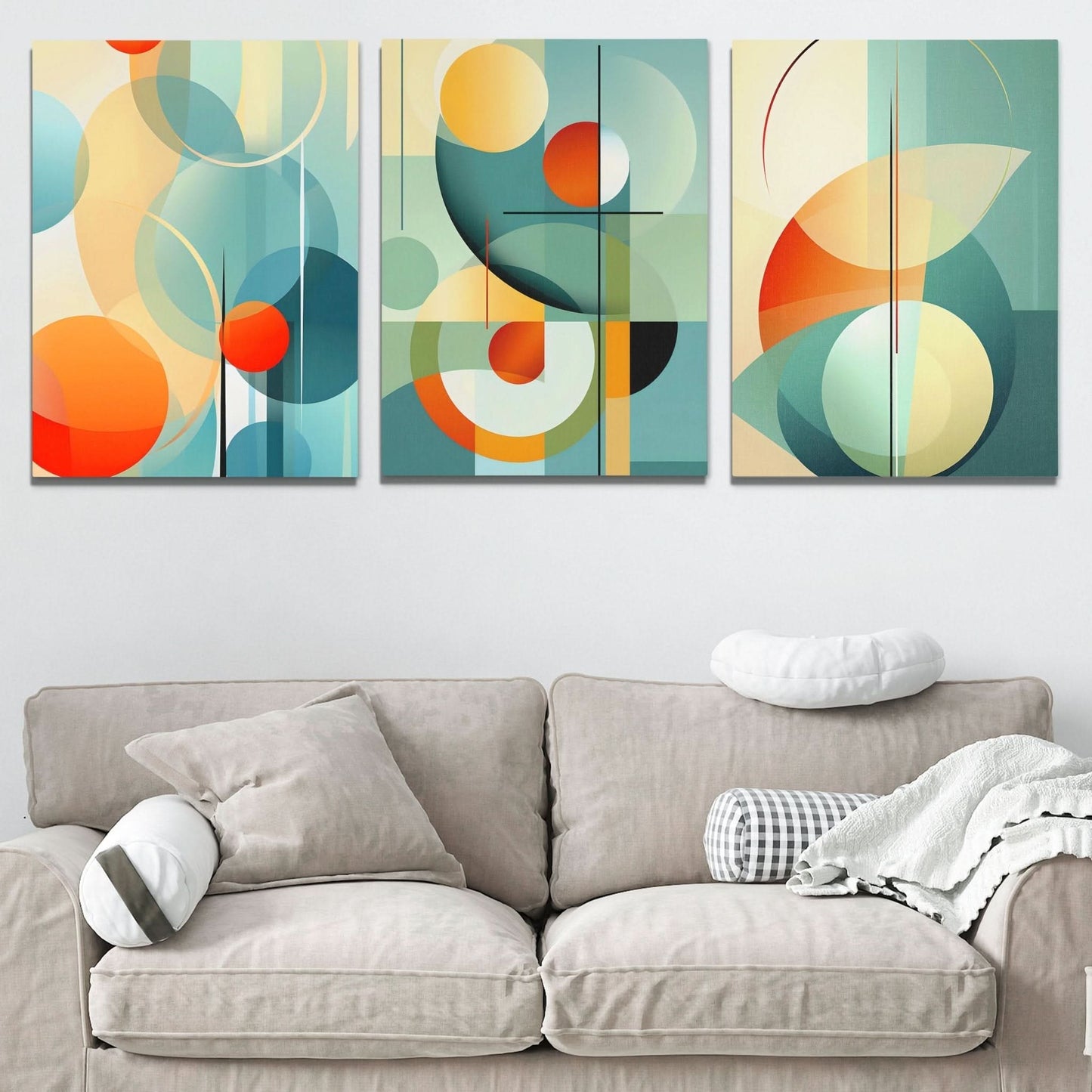 Blue Green Pastels (3) Set - Geometric Teal Canvas Wall Art