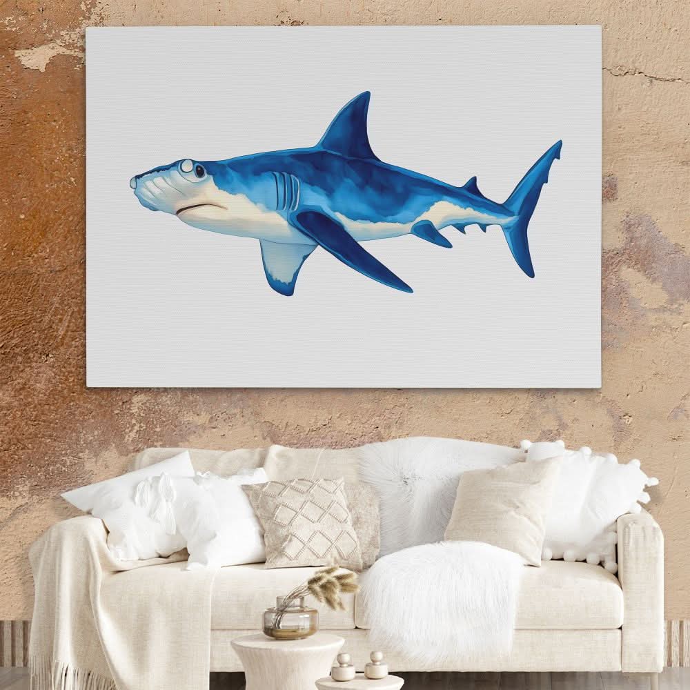 Blue Hammerhead Shark - Minimalist Blue Canvas Wall Art