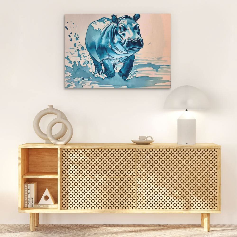 Blue Hippo - Cream Wall Art in Black Frame