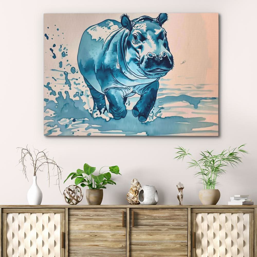 Blue Hippo - Watercolor Wall Art in Black Frame