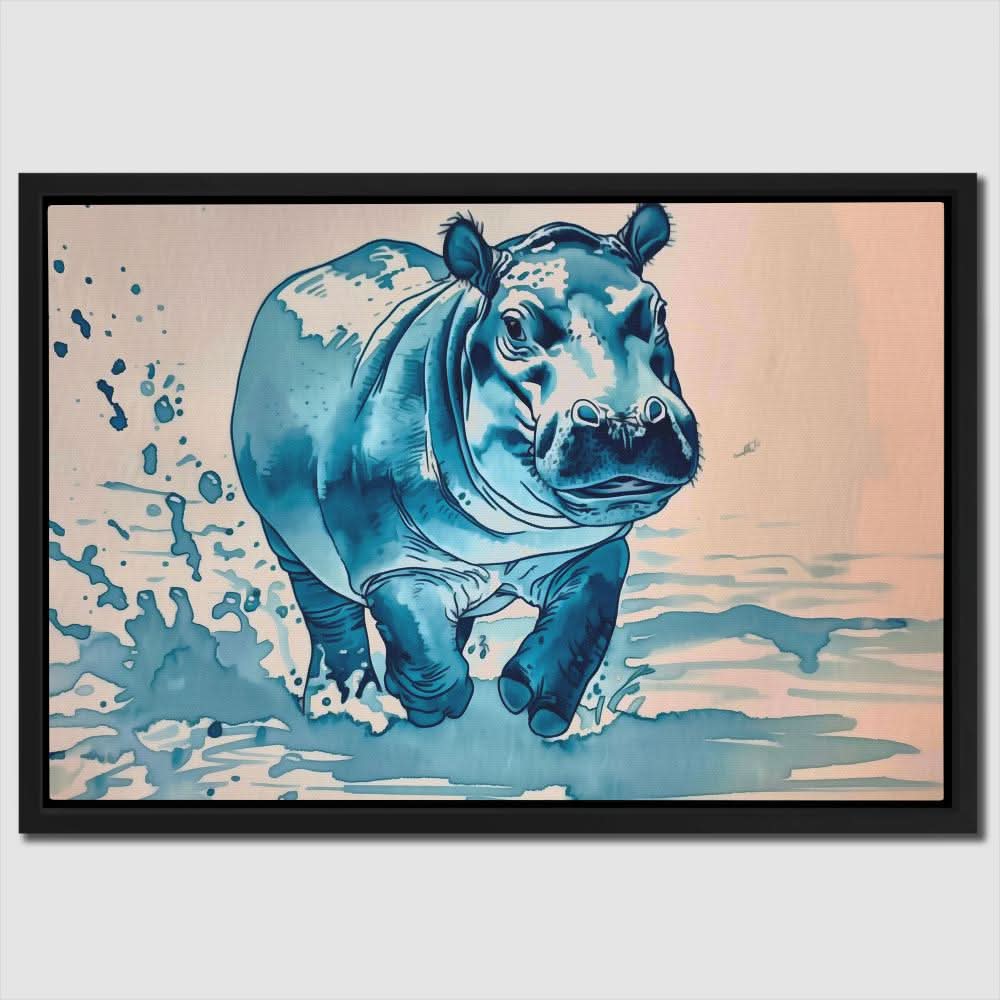 Blue Hippo - Watercolor Blue Canvas Wall Art