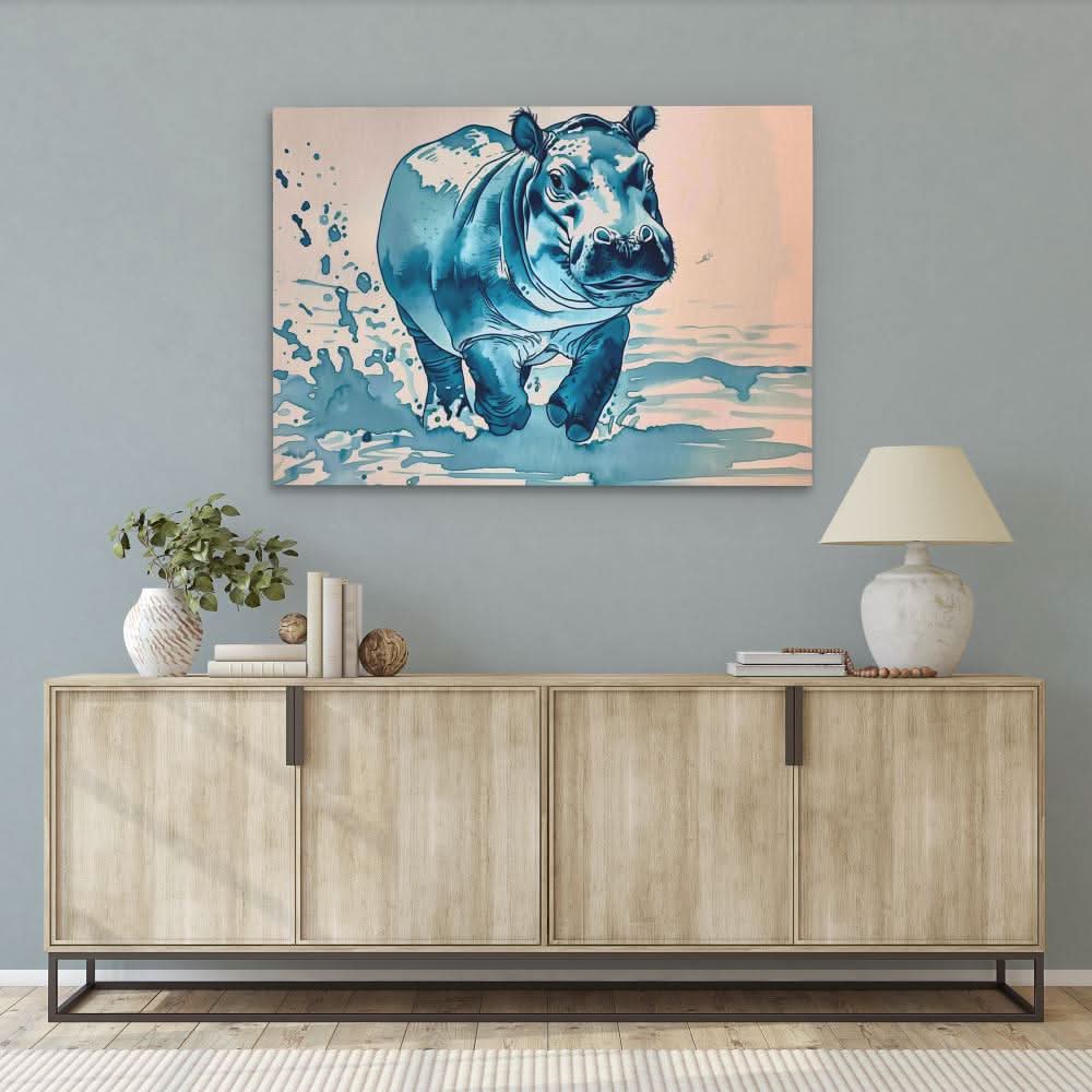 Blue Hippo - Large Watercolor Canvas Print