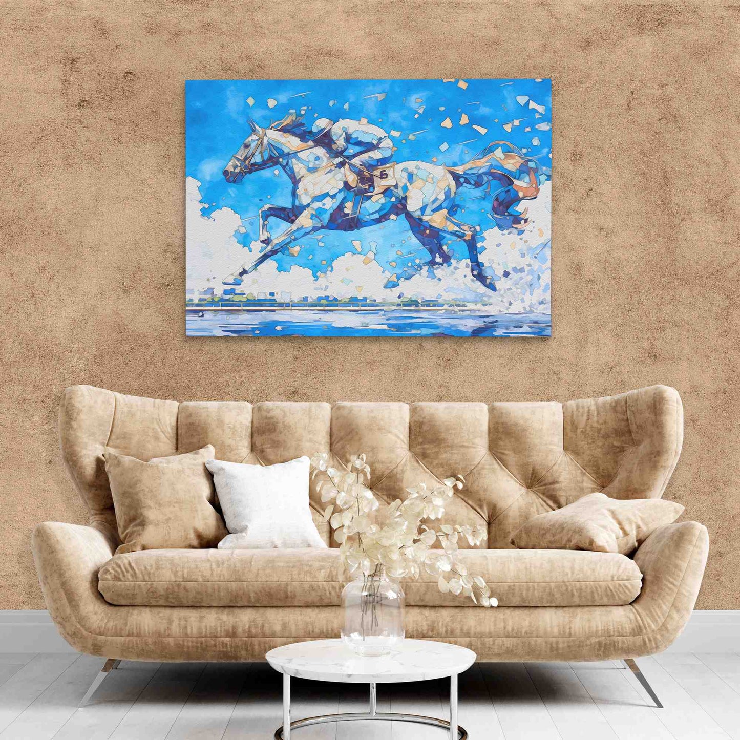 Blue Horse Racing - Large Canvas Print