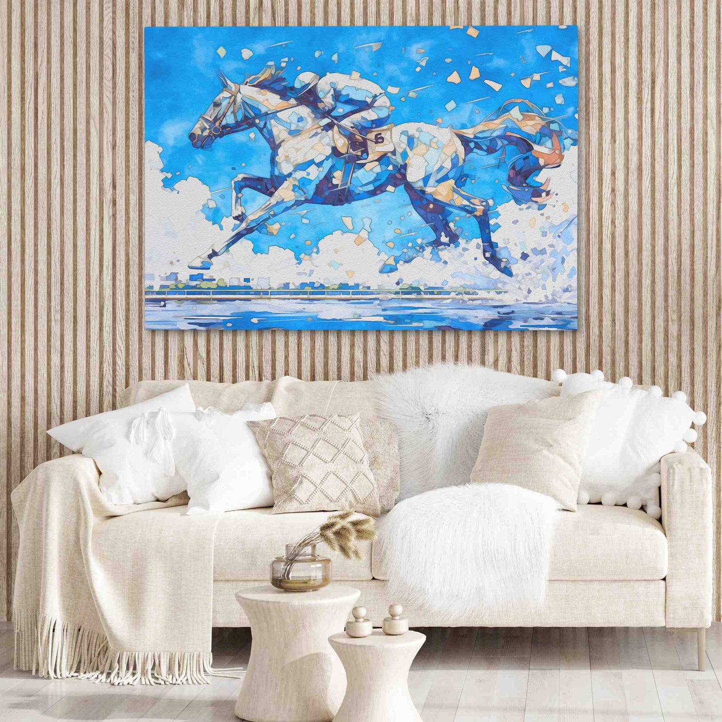 Blue Horse Racing - Blue Canvas Wall Art