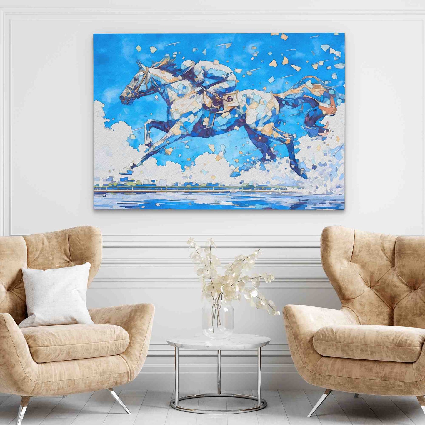 Blue Horse Racing - Wall Art in Black Frame