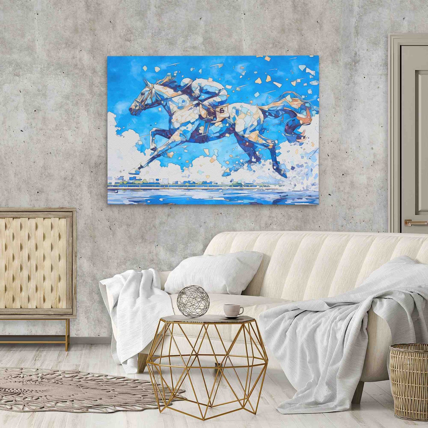 Blue Horse Racing - Horse Wall Art in Black Frame