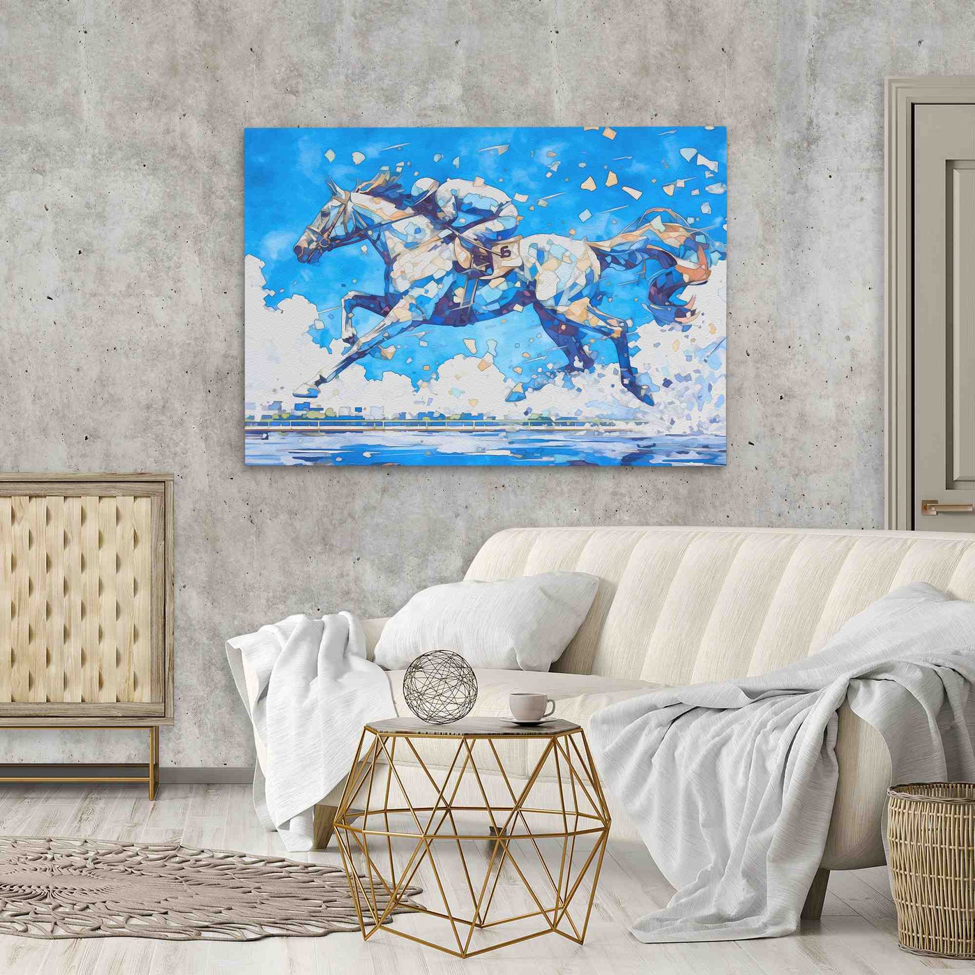 Blue Horse Racing - Horse Wall Art in Black Frame