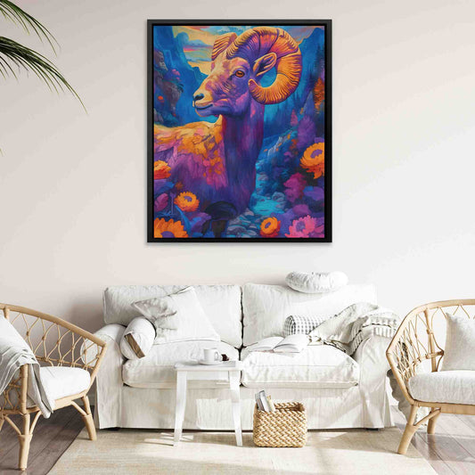 Blue Mountain Ram - Surrealism Wall Art in Black Frame