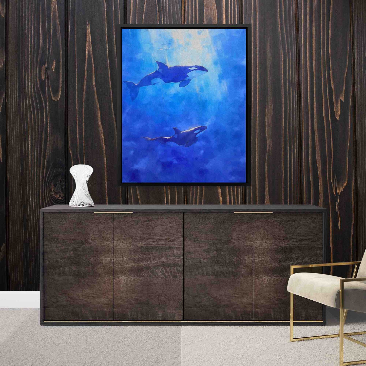 Blue Orcas - Wall Art in Black Frame
