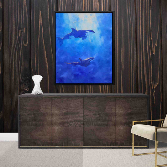 Blue Orcas - Wall Art in Black Frame