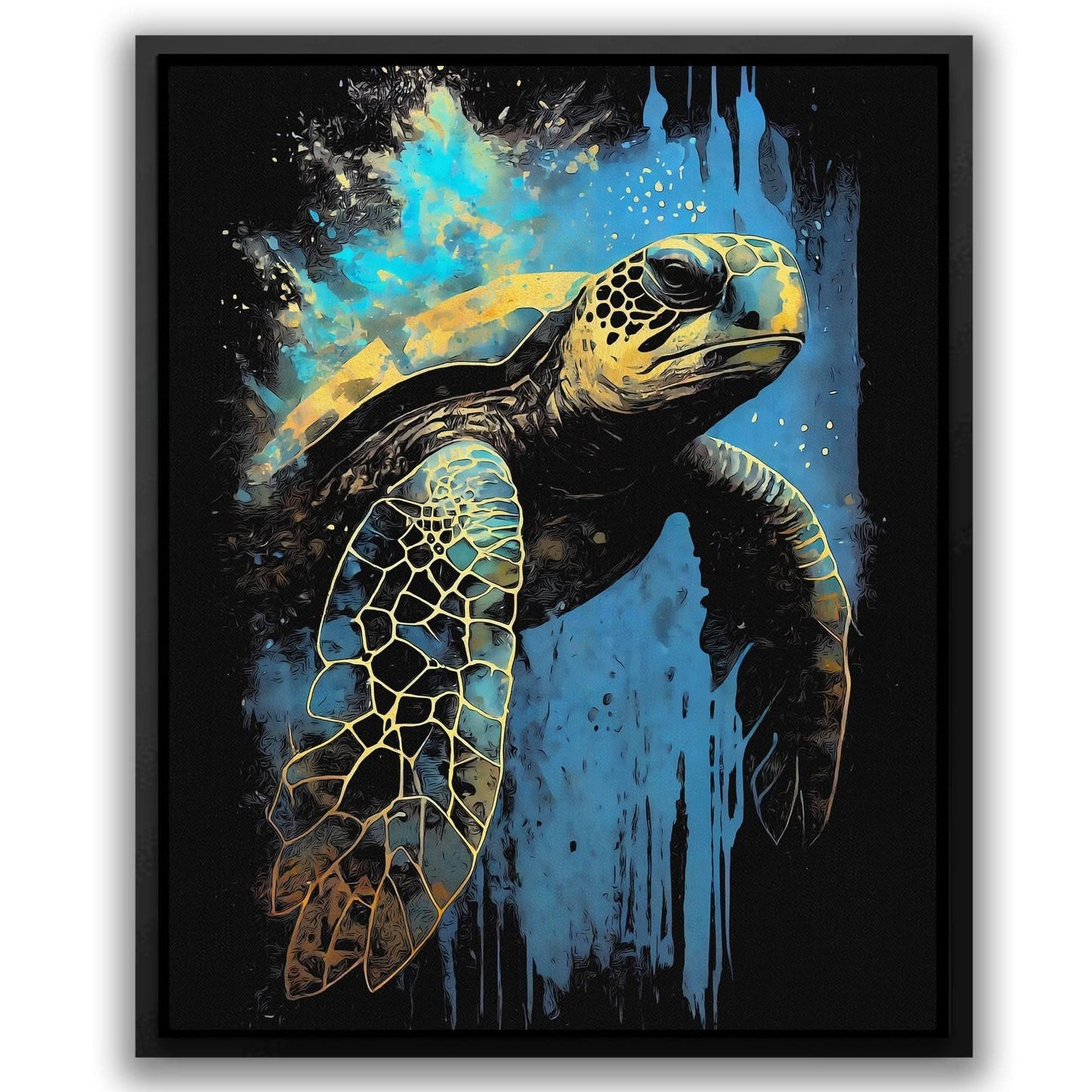 Blue Sea Turtle - Black Oceanic Canvas Print