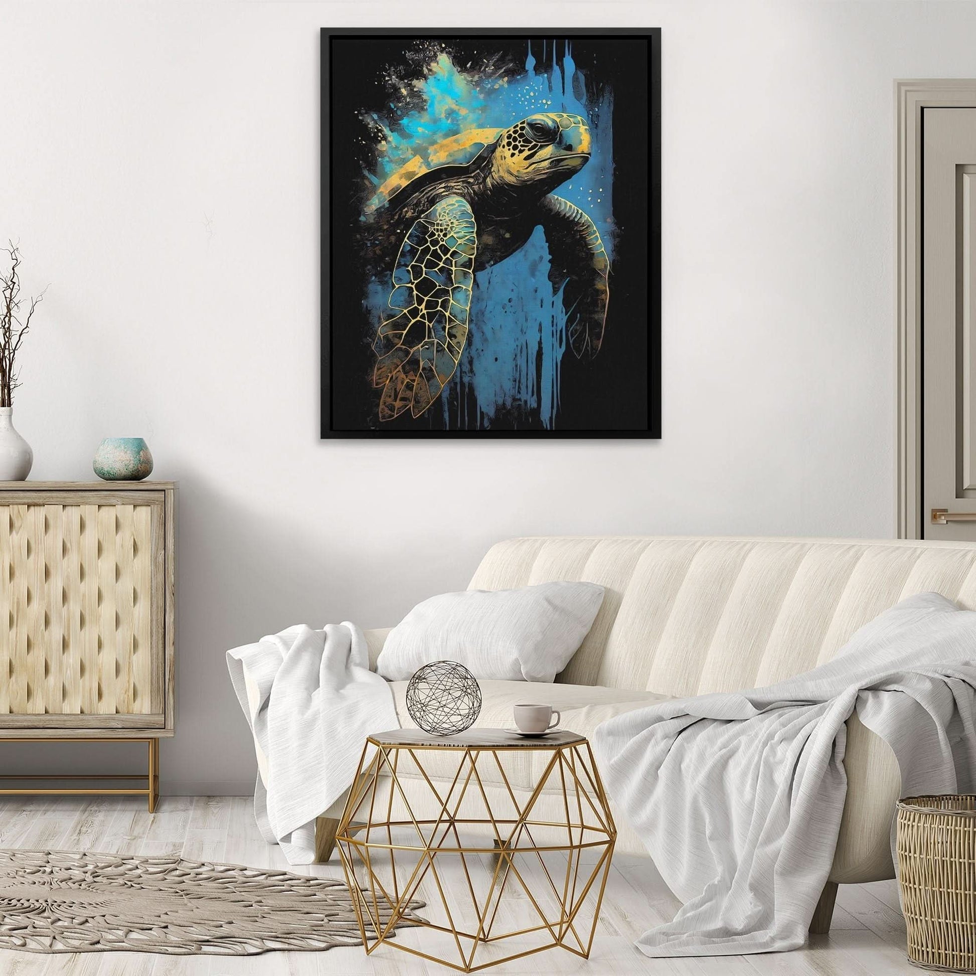 Blue Sea Turtle - Oceanic Wall Art in Black Frame