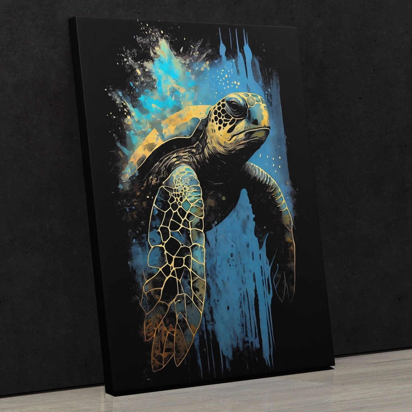 Blue Sea Turtle - Black Canvas Wall Art