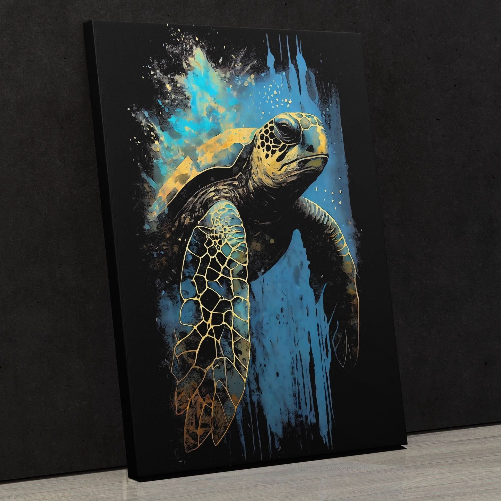 Blue Sea Turtle - Black Canvas Wall Art