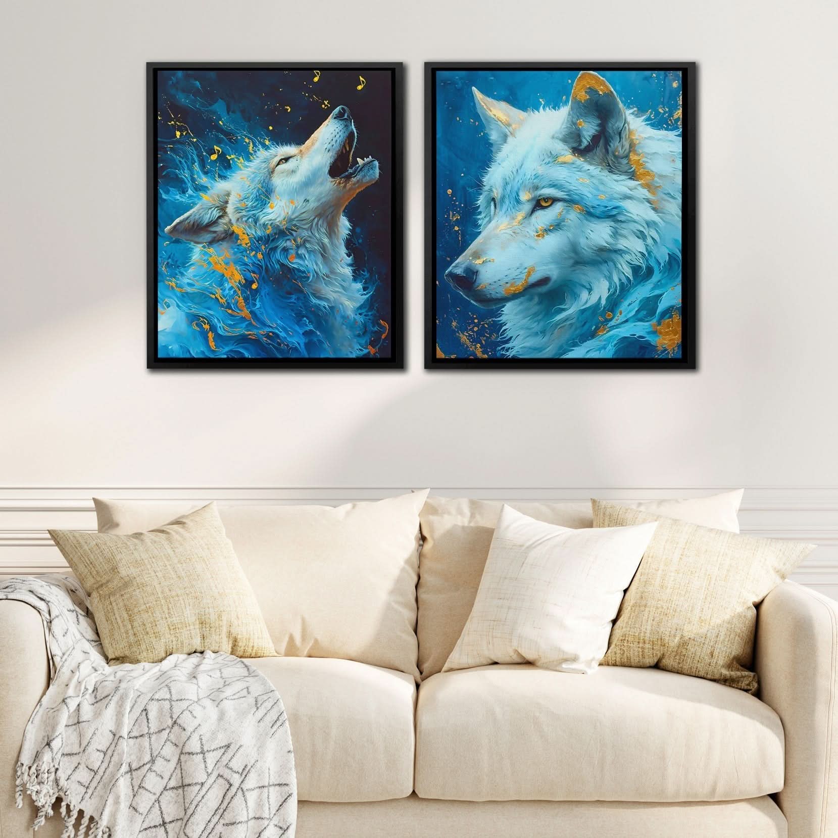 Blue Spirit Wolves - Nature Wall Art in Black Frame