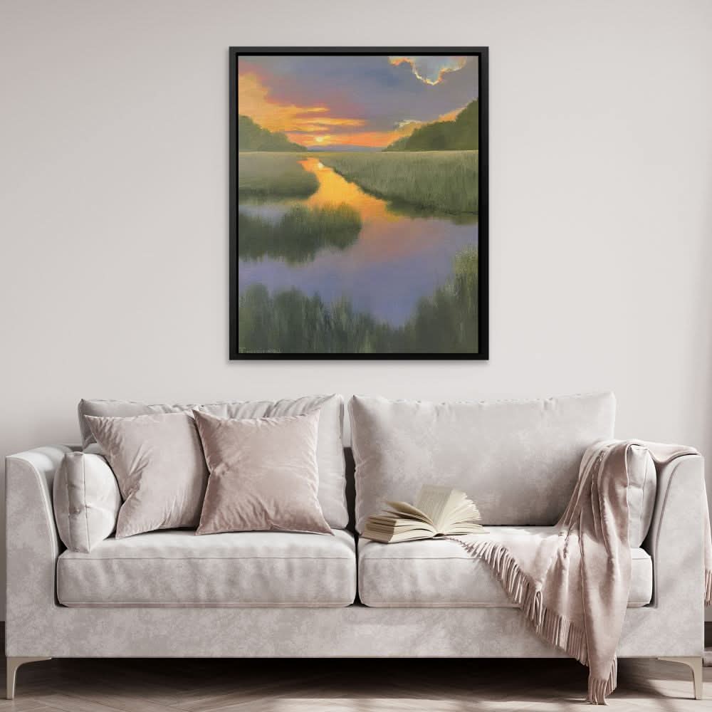 Blue-Violet and Orange Sunset - Watercolor Wall Art in Black Frame