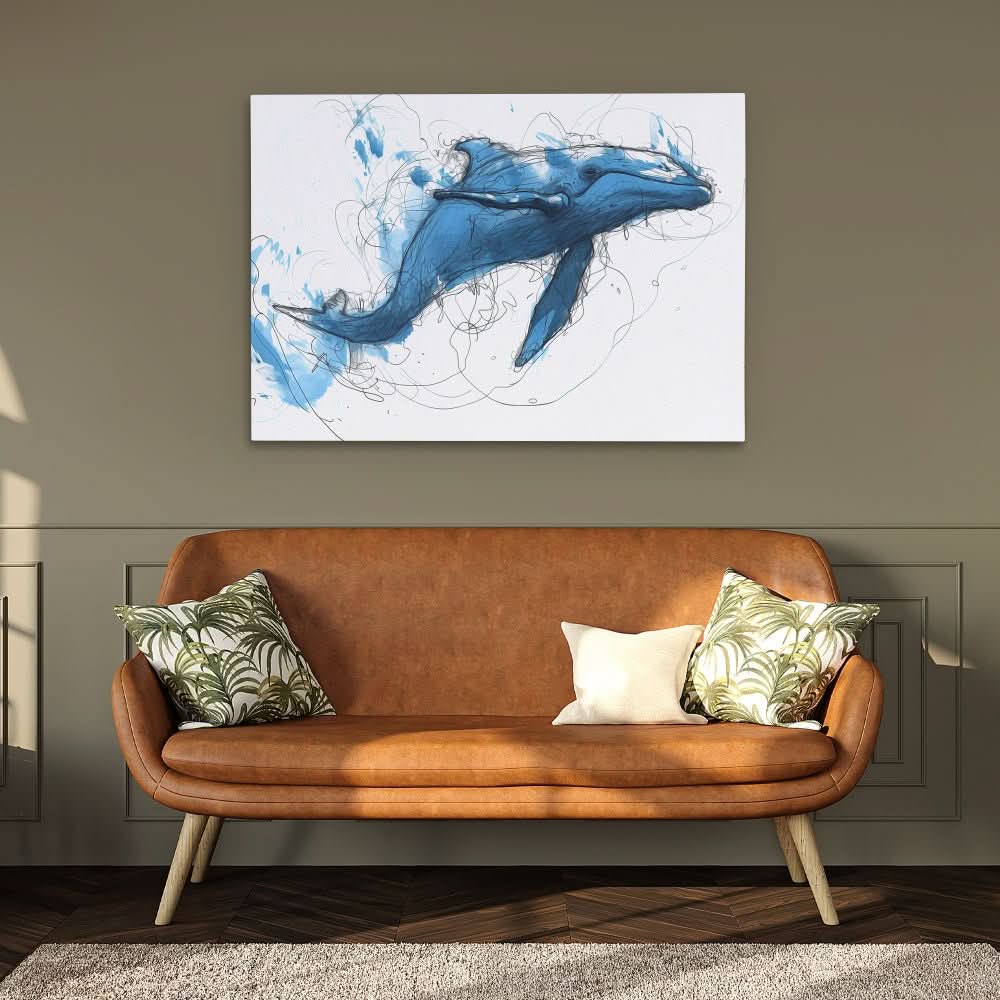 Blue Whale Doodle - Large Abstract Canvas Print