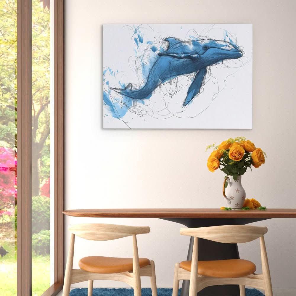 Blue Whale Doodle - Coastal Wall Art in Black Frame
