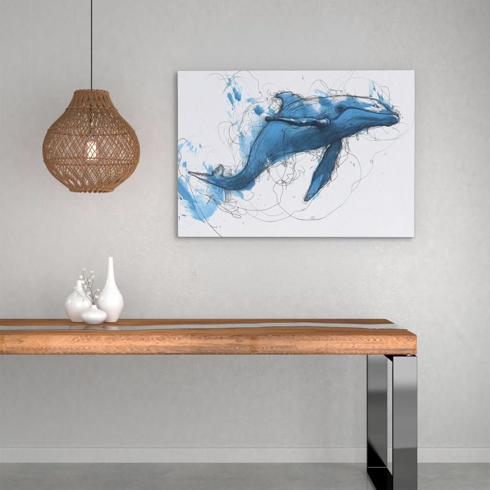 Blue Whale Doodle - Minimalist Teal Canvas Wall Art