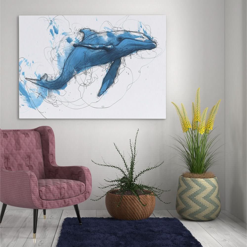 Blue Whale Doodle - Abstract Wall Art in Black Frame