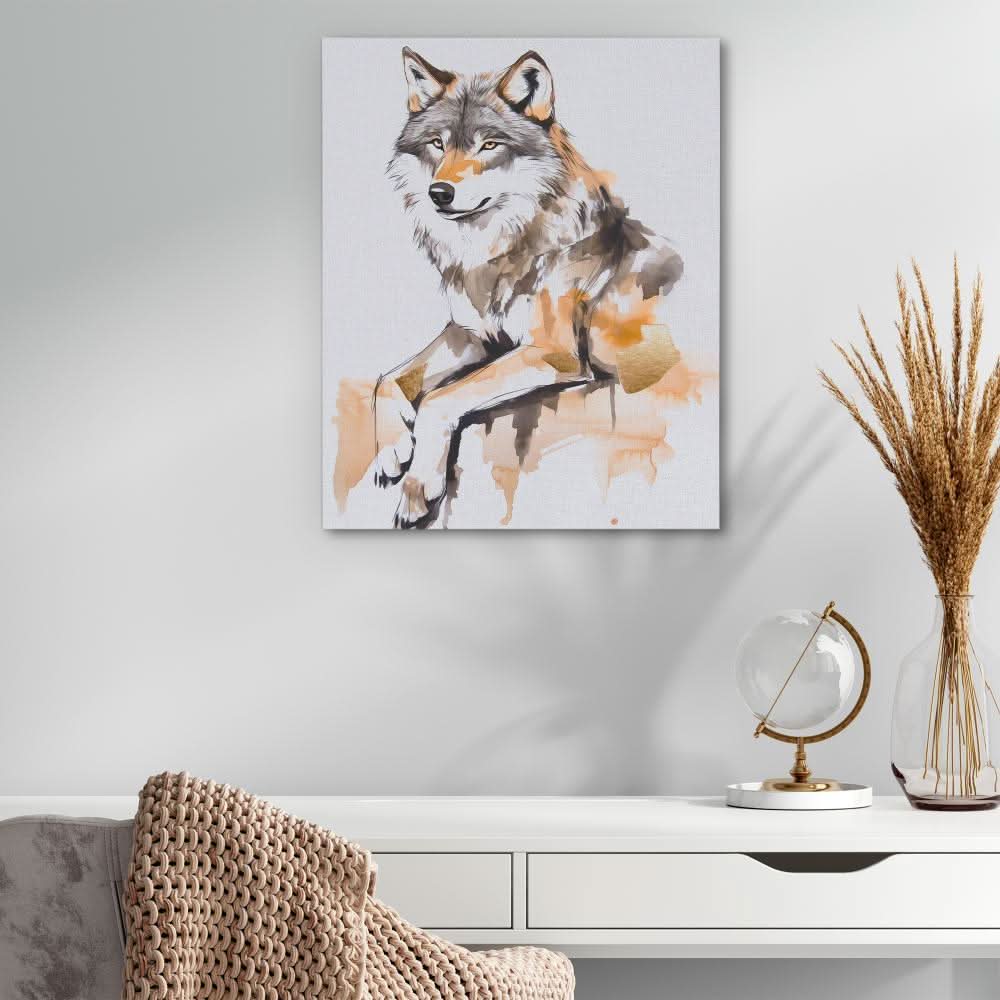 Blush and Gold Wolf - Modern Beige Canvas Wall Art