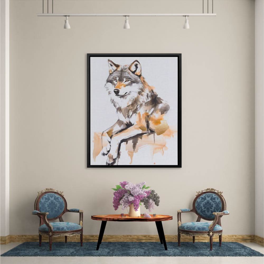 Blush and Gold Wolf - Wolf Wall Art in Black Frame