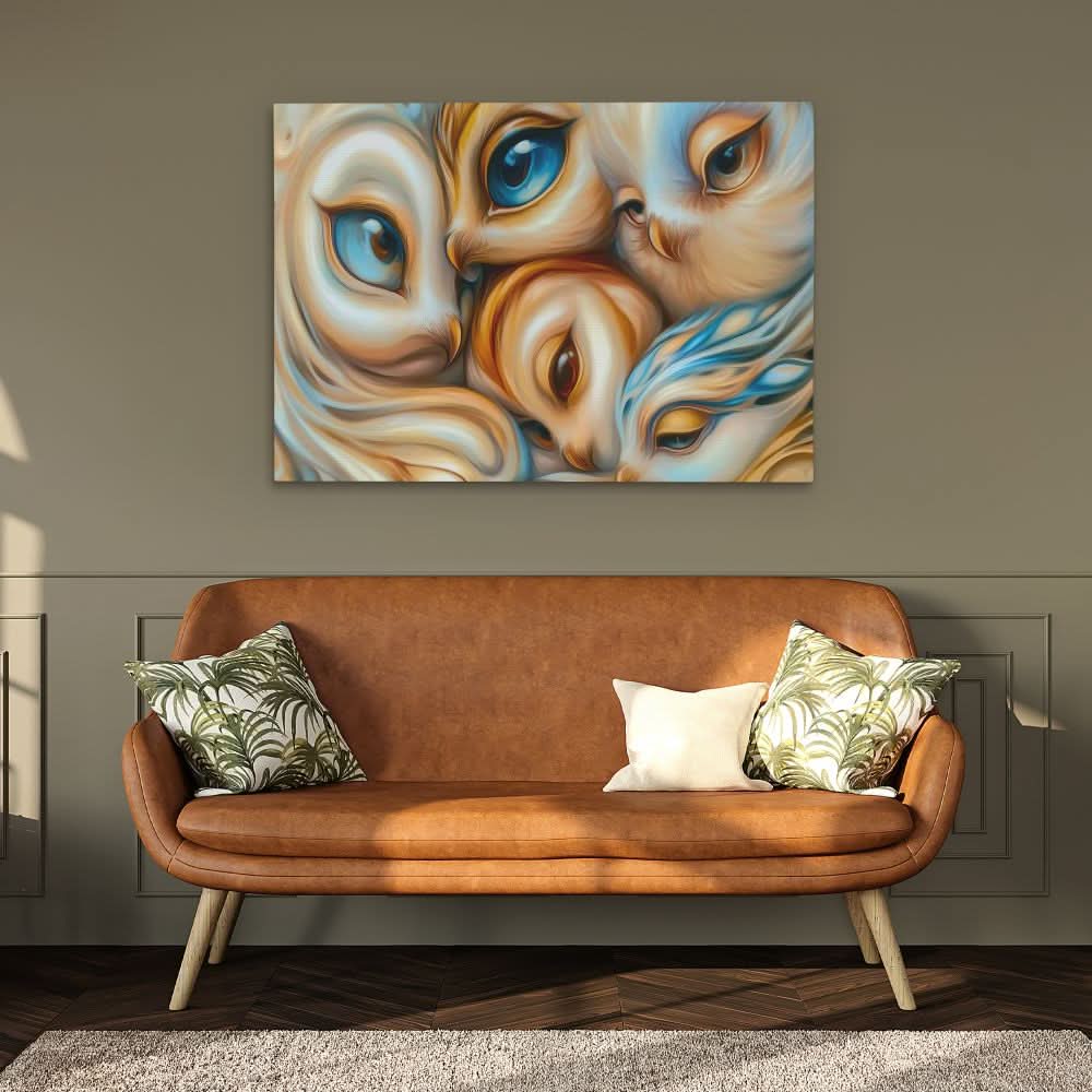 Bright-Eyed Owl Family - Beige Wall Art for Hallway