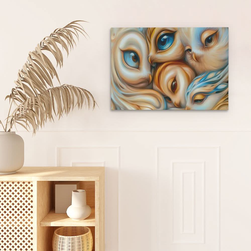 Bright-Eyed Owl Family - Surrealism Wall Art in Black Frame
