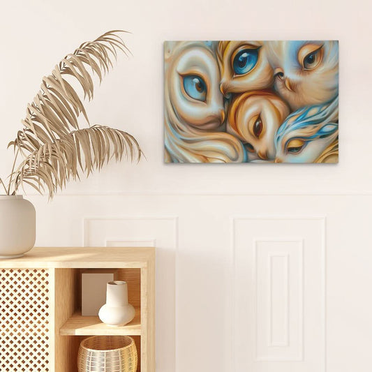 Bright-Eyed Owl Family - Surrealism Wall Art in Black Frame