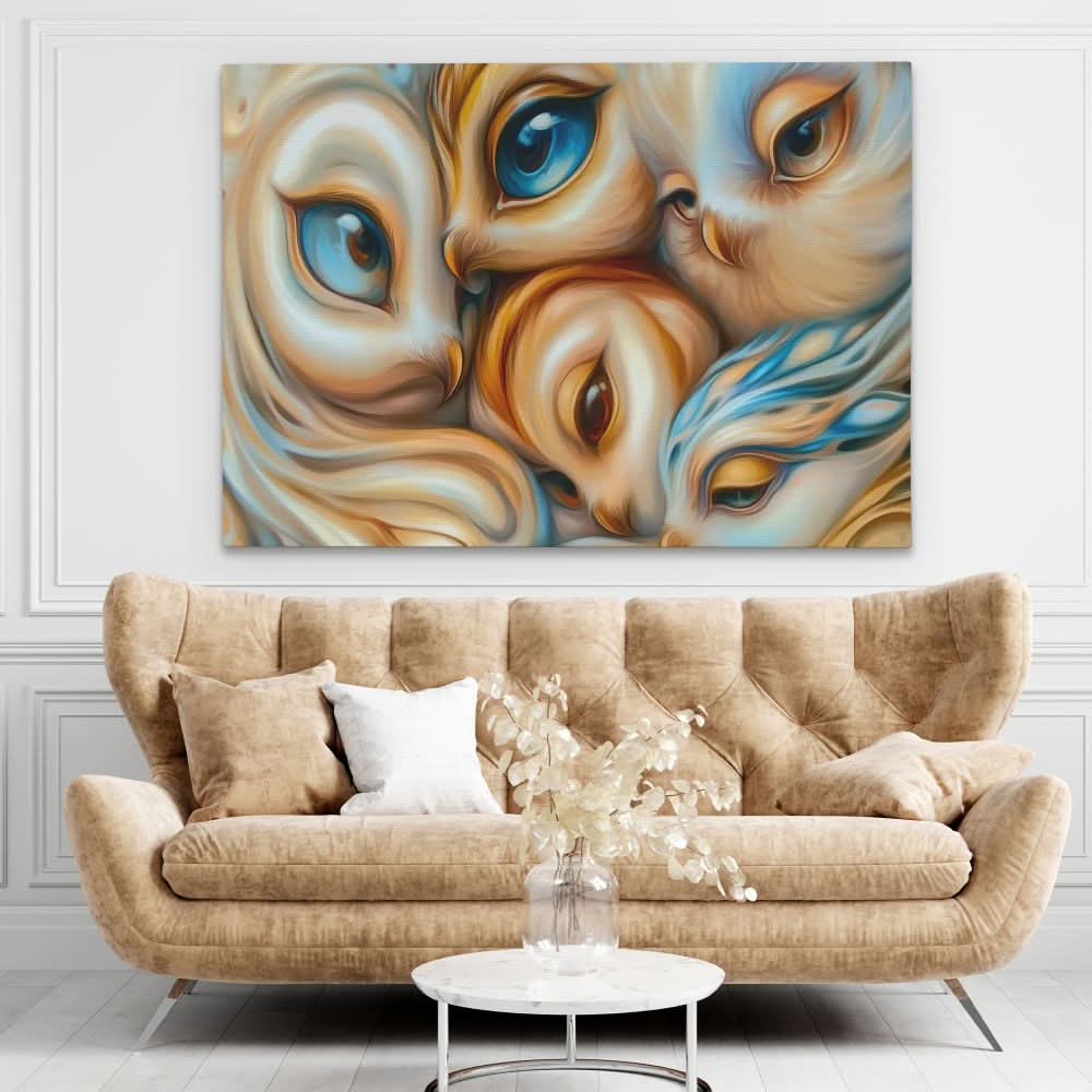 Bright-Eyed Owl Family - Surrealism Beige Canvas Wall Art