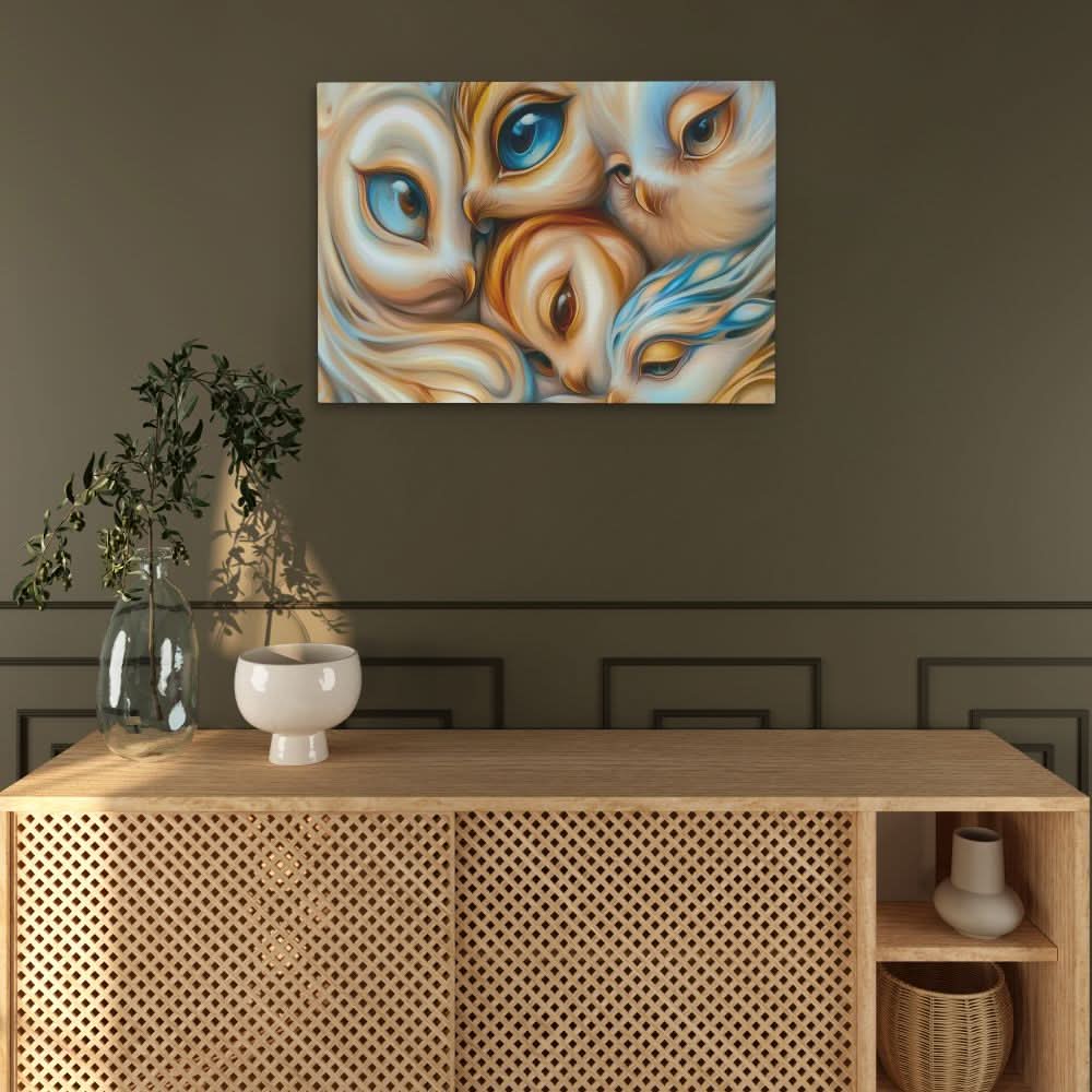 Bright-Eyed Owl Family - Large Surrealism Canvas Print