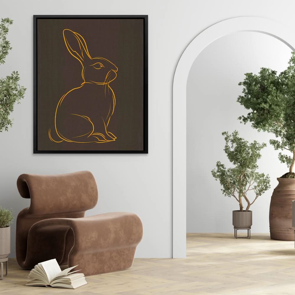 Brown and Gold Rabbit - Bunny Wall Art in Black Frame