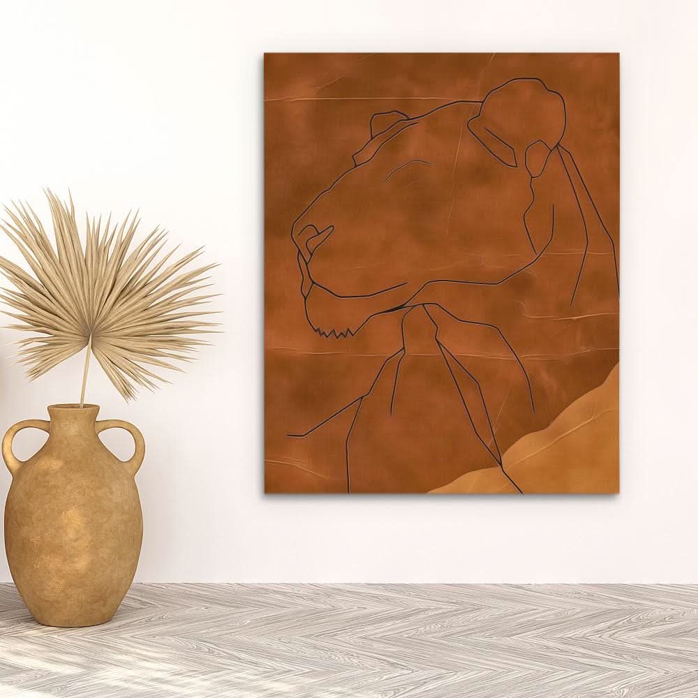 Brown Lioness - Brown Line Art Canvas Print