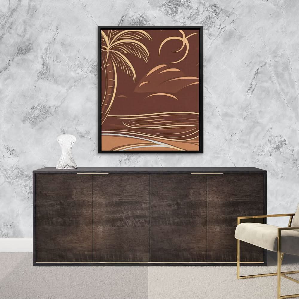 Brown Palm Tree Scene - Coastal Wall Art in Black Frame