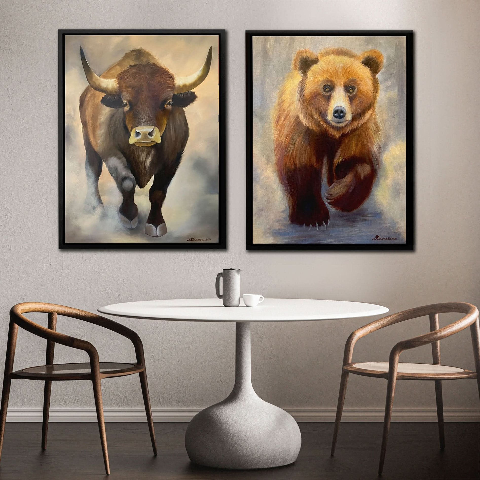 Bull and Bear Duo - Brown Canvas Wall Art