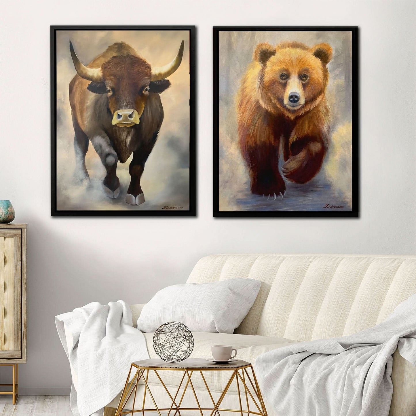 Bull and Bear Duo - Bear Art for Living Room